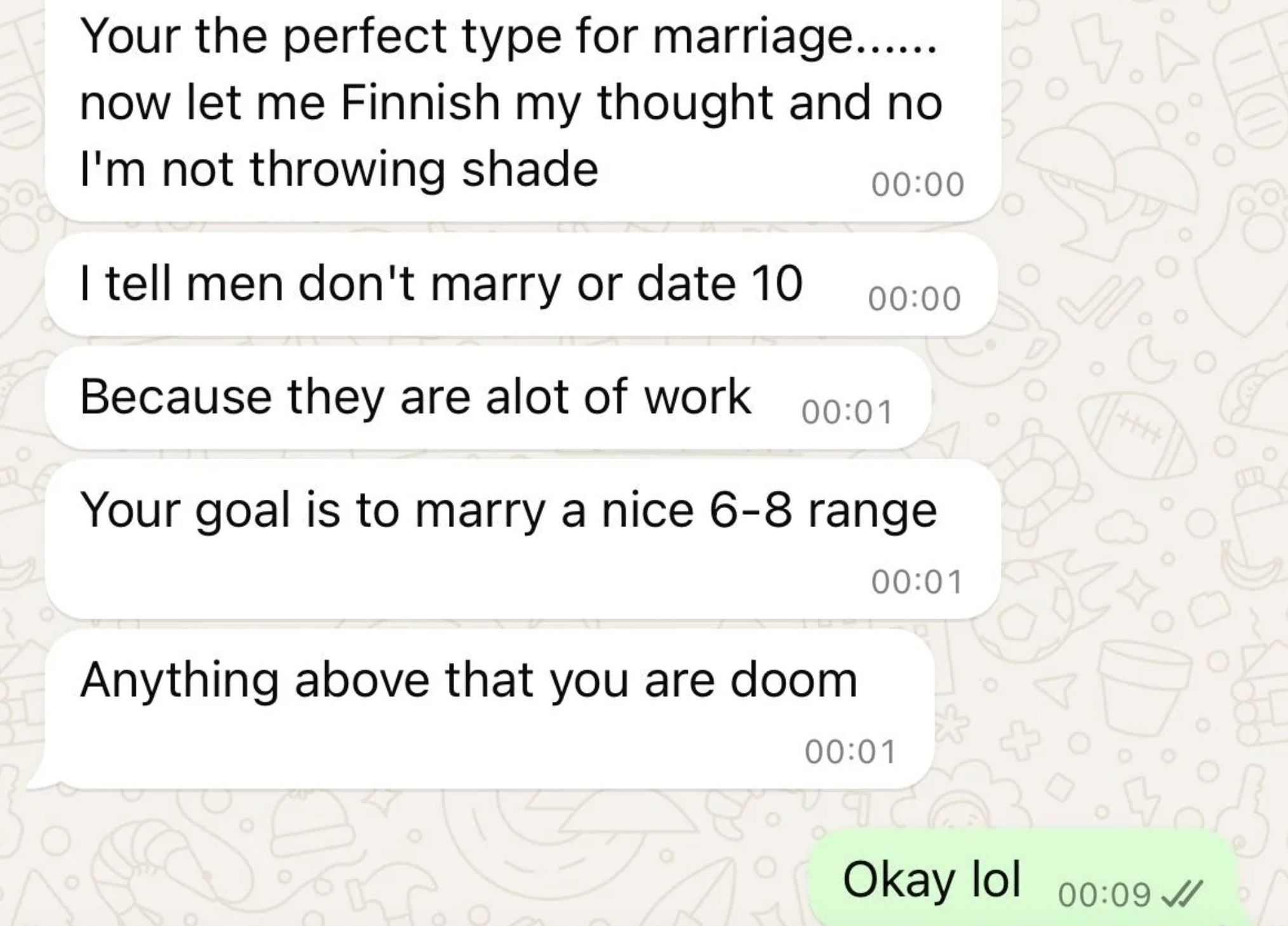 number - Your the perfect type for marriage...... now let me Finnish my thought and no I'm not throwing shade I tell men don't marry or date 10 Because they are alot of work Your goal is to marry a nice 68 range Anything above that you are doom Okay lol O